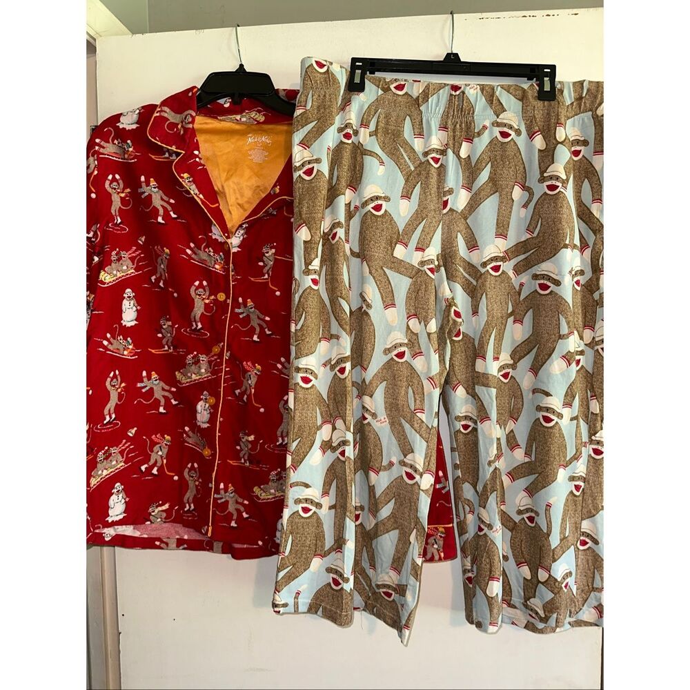 NICK & NORA DOWNHILL MONKEYS COTTON Flannel Pajama Set Red Sock Monkey Ski XL XX